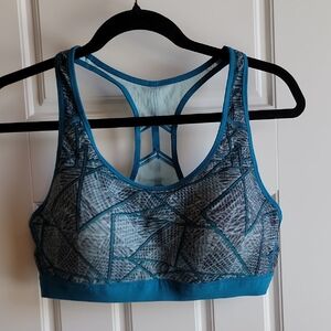 Women's Blue Geometric Sports Bra with Matching Athletic Tank Top